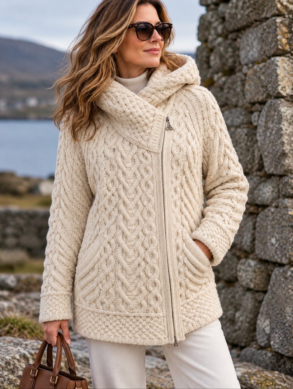 Aran Crafts Ireland Cable Knit Hooded Cardigan Irish Fisherman Sweater XL